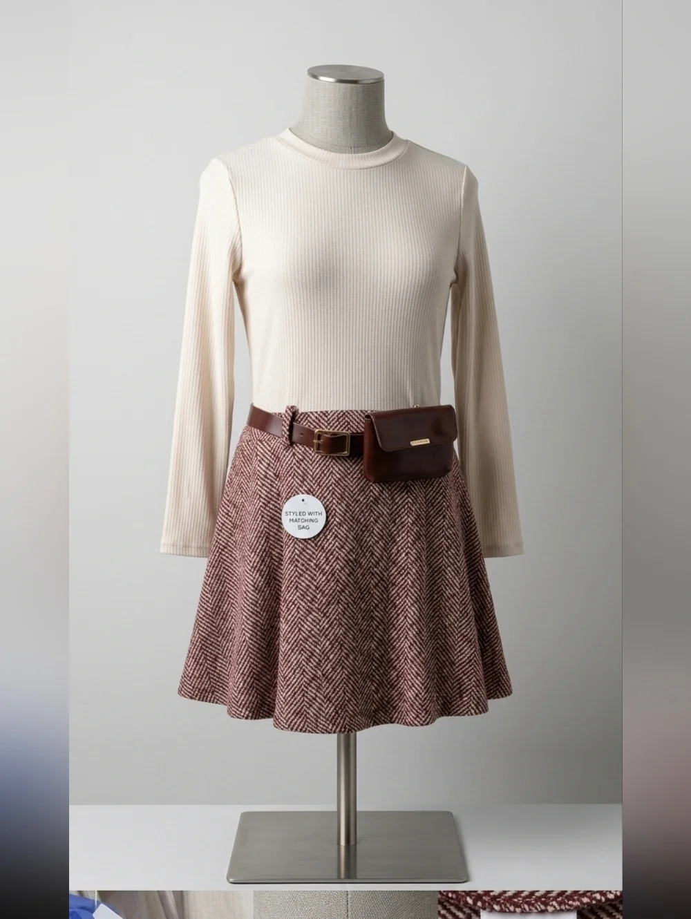 Tahari Girl Mixed Media Dress Size 10 Ribbed Long Sleeve Herringbone Skirt Belt
